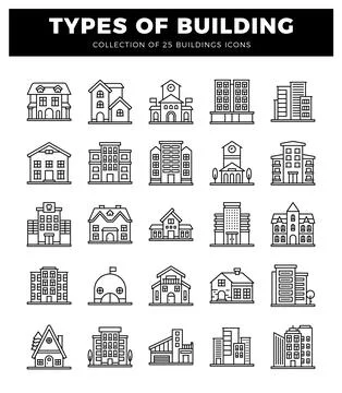 Building icons with various architectural styles. presented on a white back.. Ilustración de archivo