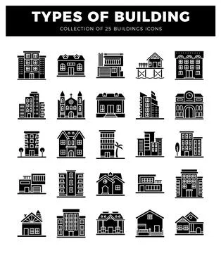 Building icons with various architectural styles on a white background. Ilustración de archivo