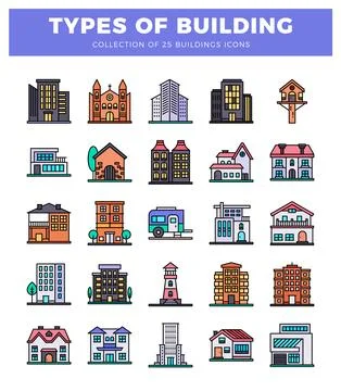 Building icons in various architectural styles against a white background. .. Ilustración de archivo
