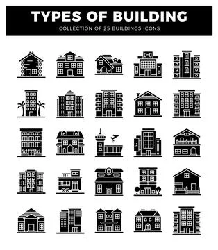 Building icons with various architectural styles and designs. Ilustración de archivo