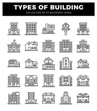 Building icons. various architectural styles on a white background Ilustración de archivo