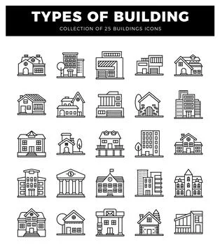 Building icons with various architectural styles. isolated on a white backg.. Stock Illustration