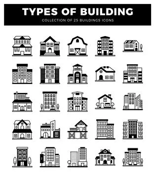 Building icons. various architectural styles on white background Ilustración de archivo