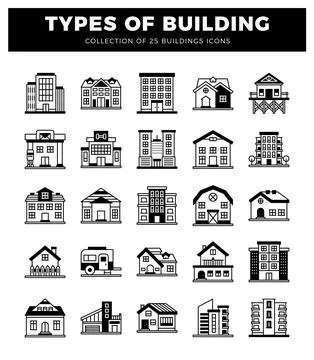 Building icons with various architectural styles and residential types. Stock Illustration