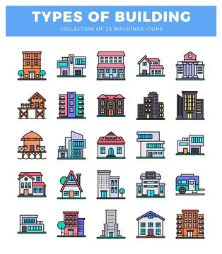 Building icons with various architectural styles shown on a white background Ilustração Stock