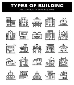 Building icons. various architectural styles on a white background. Ilustración de archivo