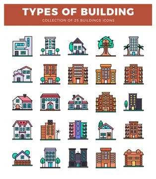 Building icons with various architectural styles for diverse design needs Ilustración de archivo