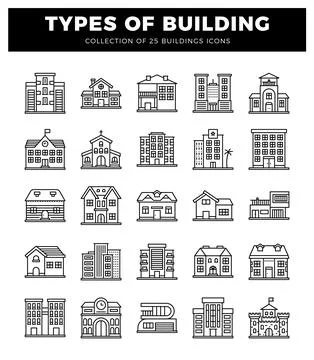 Building icons with various architectural styles on white background. Ilustración de archivo