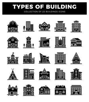 Building icons with various architectural styles on a white background Stock Illustration