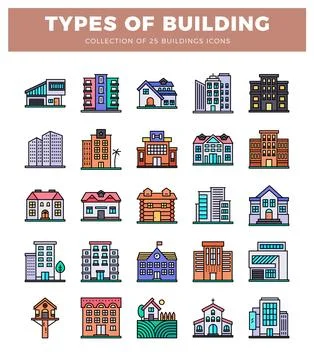 Building icons with various architectural styles on a white background. Ilustración de archivo