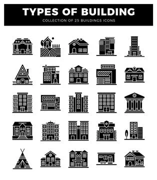 Building icons with various architectural styles on a white background. Ilustración de archivo