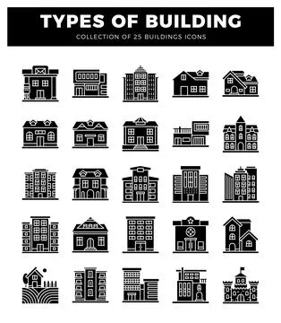 Building icons with various architectural styles presented in a grid layout. Ilustración de archivo