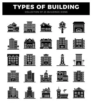 Building icons Various architectural styles including houses and skyscraper.. Ilustración de archivo