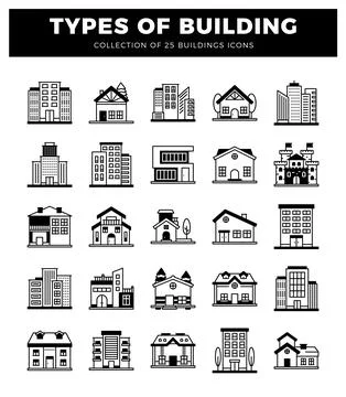 Building icons with various architectural styles. isolated on white backgroun Stock Illustration