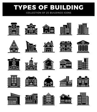 Building icons with various architectural styles on white background.  Mode.. Ilustración de archivo