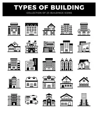 Building icons with various architectural styles on white background Ilustración de archivo