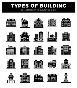 Building icons with various architectural styles on white background Ilustração Stock