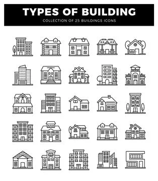 Building icons with various architectural styles and building types. Ilustración de archivo