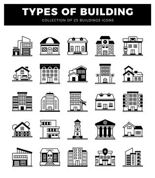 Building icons with various architectural styles. modern and traditional st.. Ilustração Stock