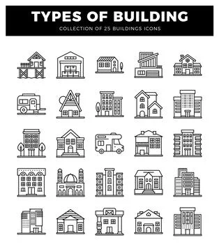 Building icons with various architectural styles on a white background. Ilustración de archivo