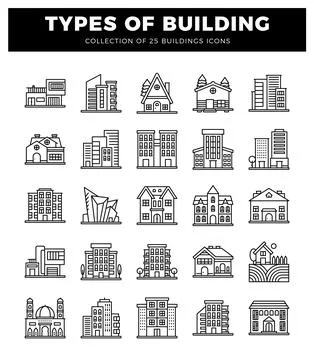 Building icons with various architectural styles. urban and rural settings. Ilustración de archivo