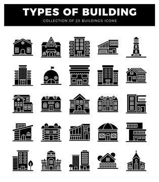 Building icons with various architectural styles on a white background Ilustración de archivo