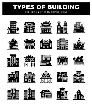 Building icons for various architectural styles. featuring houses. apartmen.. Ilustración de archivo
