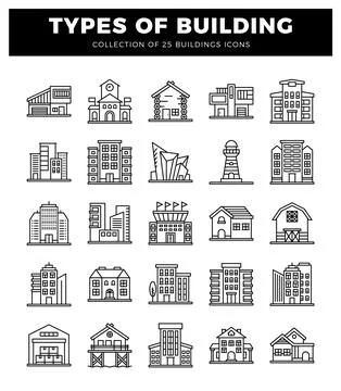 Building icons with various architectural styles on white background. Ilustración de archivo