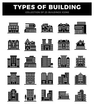 Building icons. various architectural styles. residential and commercial. Ilustración de archivo
