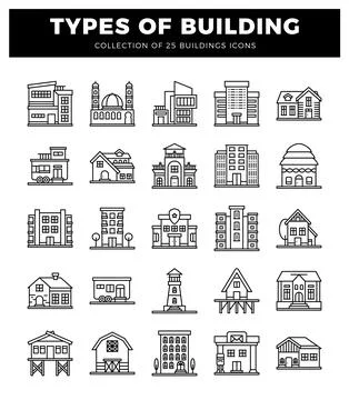 Building icons. Various architectural styles and types of structures. White.. Ilustración de archivo