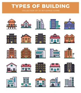 Building icons with various architectural styles on a white background. Bui.. Ilustración de archivo