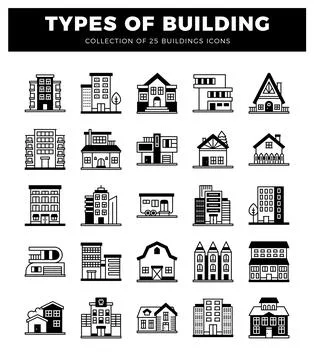Building icons with various architectural styles and settings. Ilustración de archivo