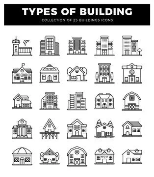 Building icons with various architectural styles including residential. com.. Ilustración de archivo