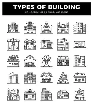 Building icons with various architectural styles. presented in a grid layou.. Stock Illustration