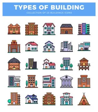 Building icons with various architectural styles. presented on a white back.. Ilustración de archivo
