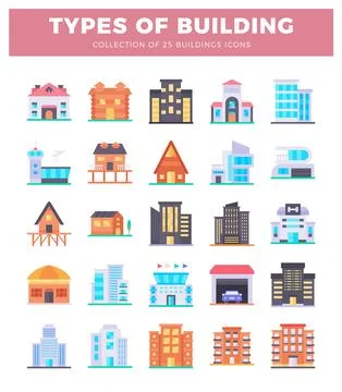 Building icons with various architectural styles and colors displayed on a .. Ilustração Stock