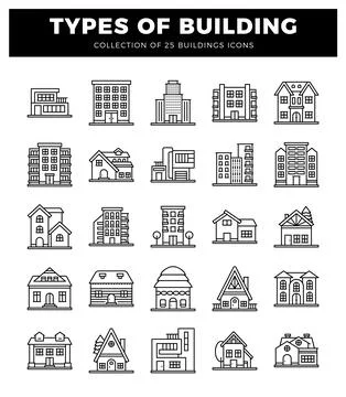 Building icons. various architectural styles for design. Illustrazione stock