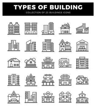 Building icons with various architectural styles on a white background. Ilustración de archivo