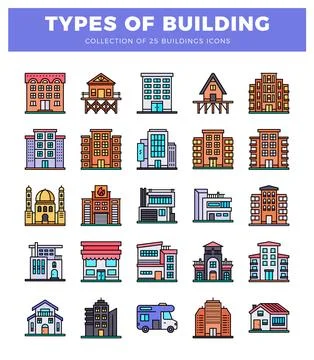Building icons. various architectural styles. colored flat design.  Diverse.. Ilustración de archivo