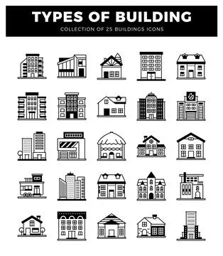 Building icons. various architectural styles on a white background. Ilustración de archivo