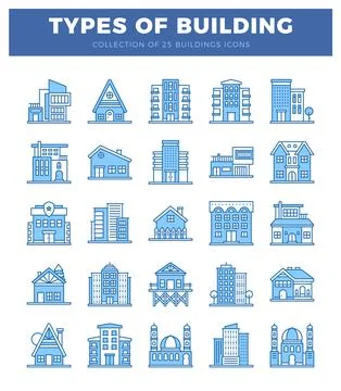 Building icons Various architectural styles depicted on white background. D.. Ilustración de archivo