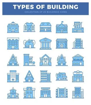 Building icons. various architectural styles. on white background. Ilustración de archivo