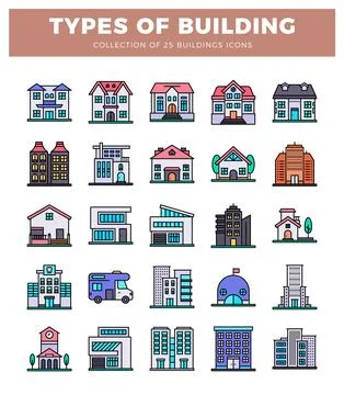 Building icons in various styles and colors on a white background Ilustración de archivo