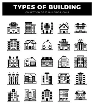 Building icons in various styles with line art illustrations. Stock Illustration