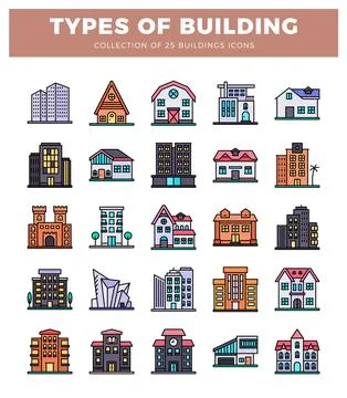 Building icons in various styles. from modern skyscrapers to traditional ho.. Ilustración de archivo