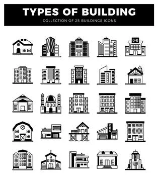 Building icons in various styles. presented as a grid for graphic design. Ilustração Stock