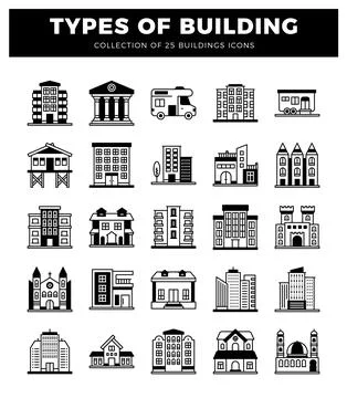 Building icons in various styles. presented in a grid format on a white bac.. Ilustración de archivo