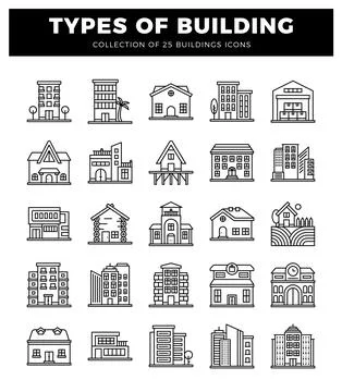 Building icons with various styles.  Simple line art illustrations of resid.. Ilustración de archivo