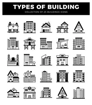 Building icons in various styles on white background Ilustración de archivo