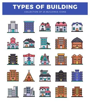 Building icons in various styles on a white background. Ilustración de archivo